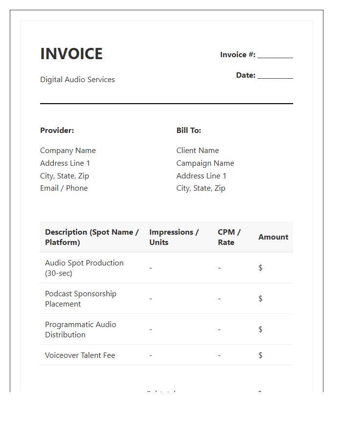Digital Audio Advertisement Service Invoice Template