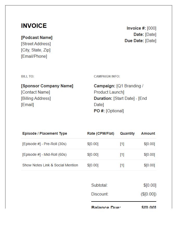 Independent Podcast Sponsor Placement Invoice Template