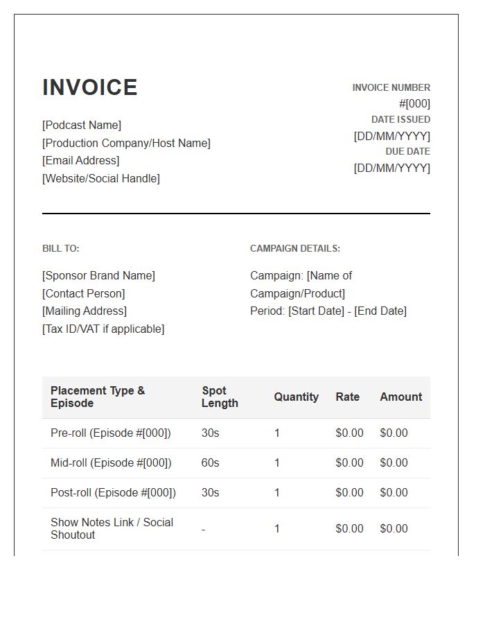 Niche Podcast Sponsor Placement Invoice Template