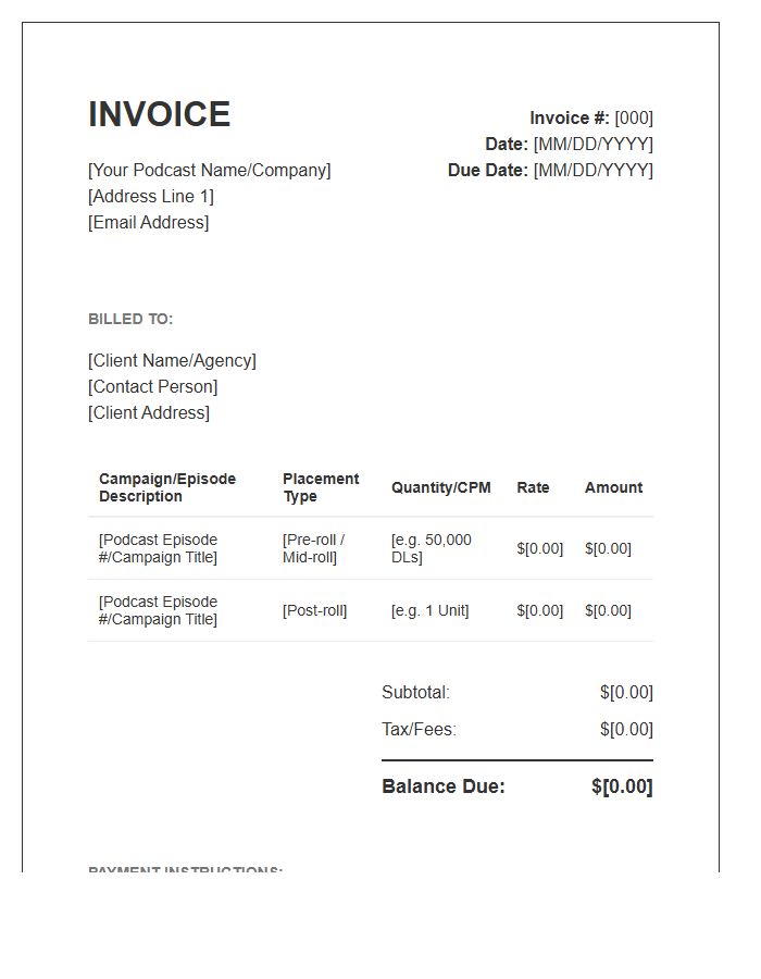 Podcast Audio Commercial Placement Invoice Template