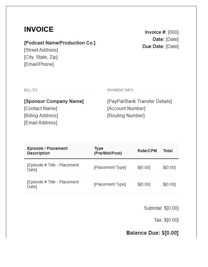 Podcast Episode Sponsor Placement Invoice Template