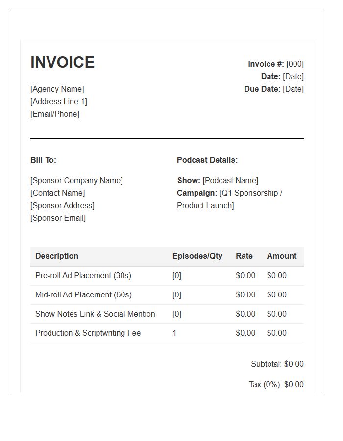 Podcast Marketing Agency Sponsor Invoice Template