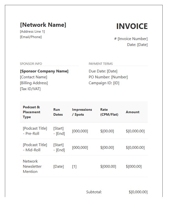 Podcast Network Sponsor Placement Invoice Template
