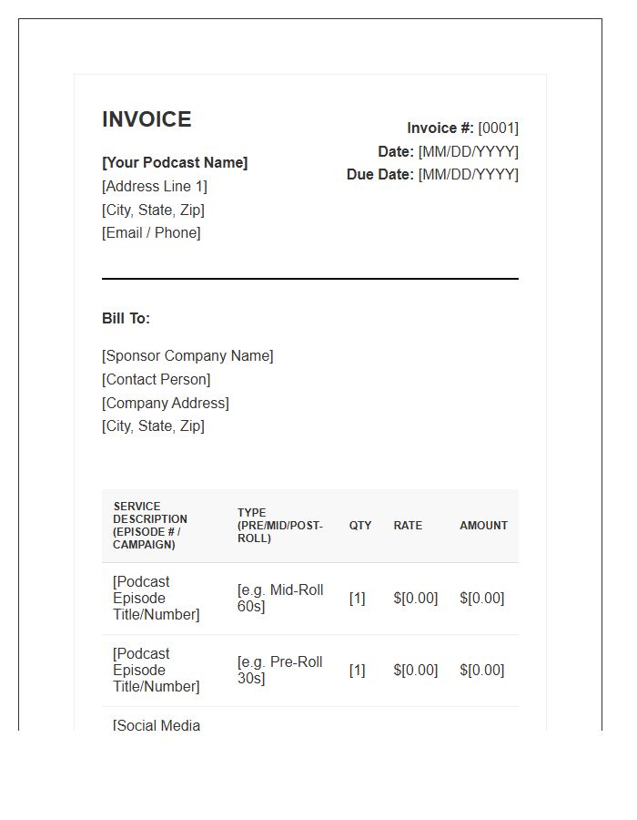 Professional Podcast Sponsorship Service Invoice Template