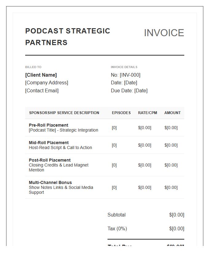 Strategic Podcast Sponsorship Service Invoice Template