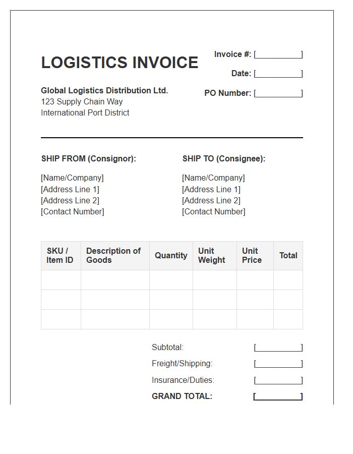 Global Logistics Distribution Inventory Invoice Template