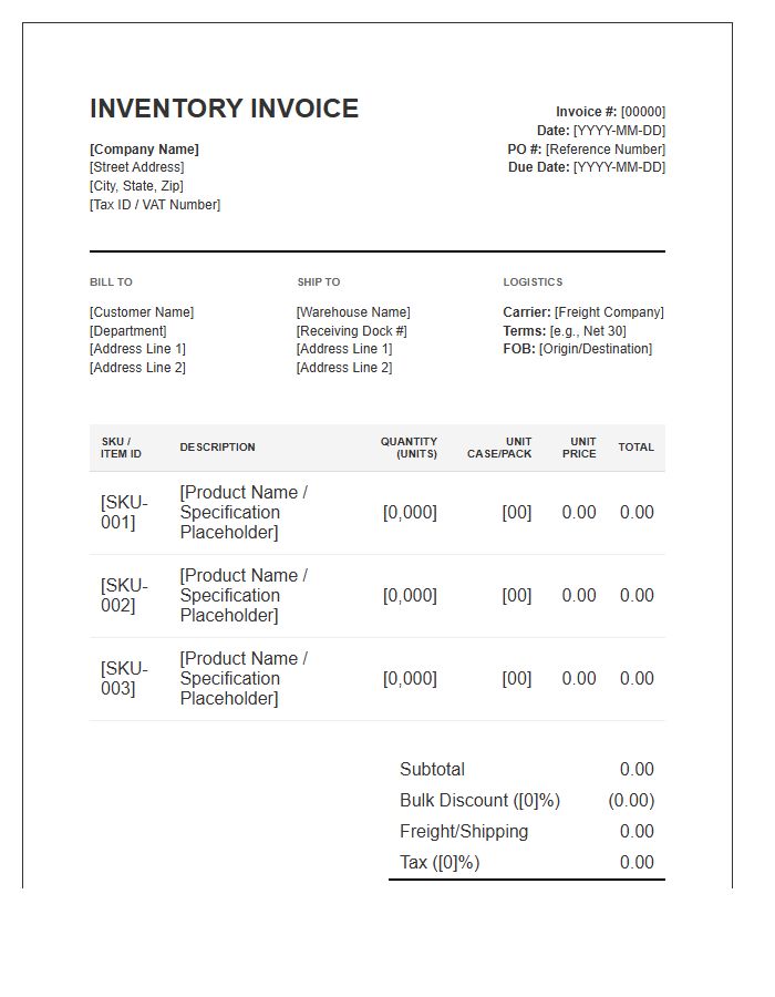 High Volume Wholesale Inventory Invoice Template