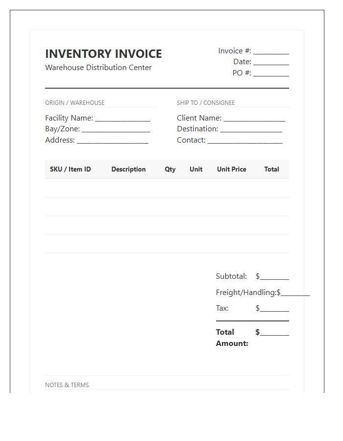 Integrated Warehouse Distribution Inventory Invoice Template
