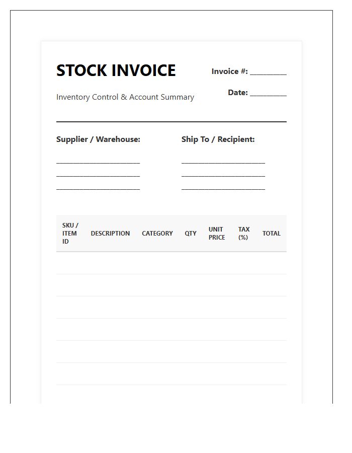 Comprehensive Stock Inventory Account Invoice Template