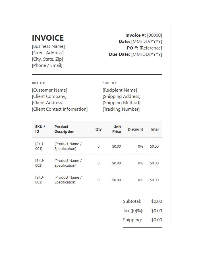 Detailed Business Inventory Product Invoice Template