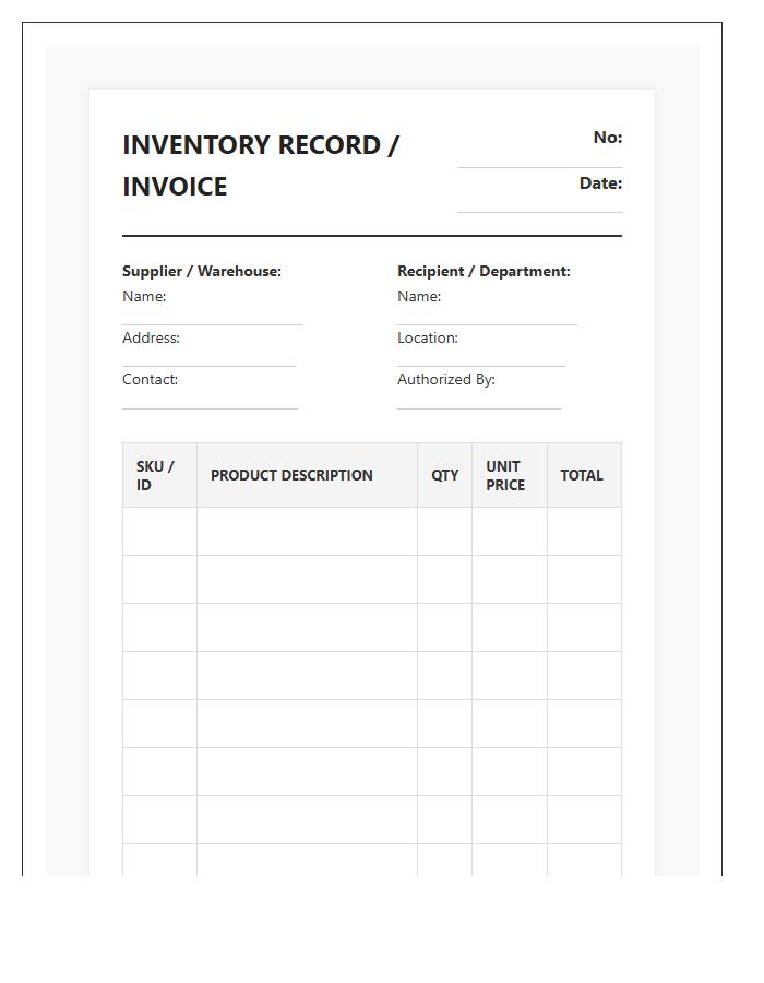 Professional Inventory Product Record Invoice Template