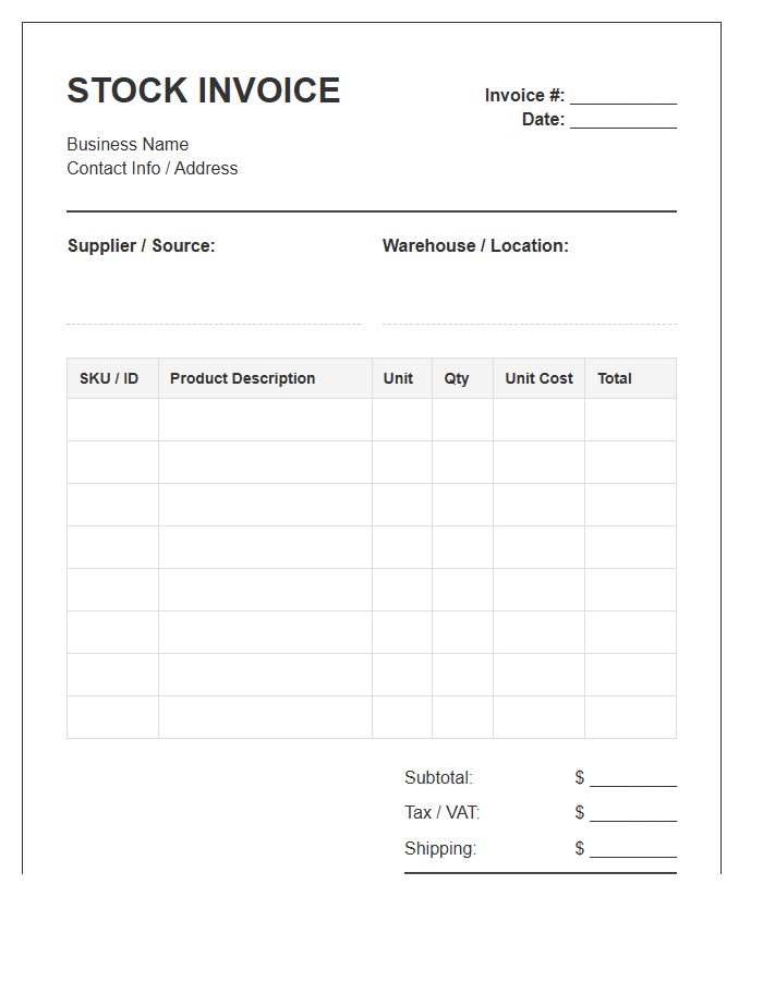 Small Business Product Stock Summary Invoice Template