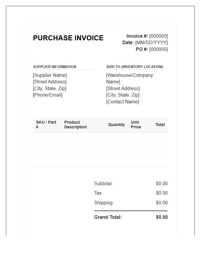 Supplier Inventory Product Purchase Invoice Template