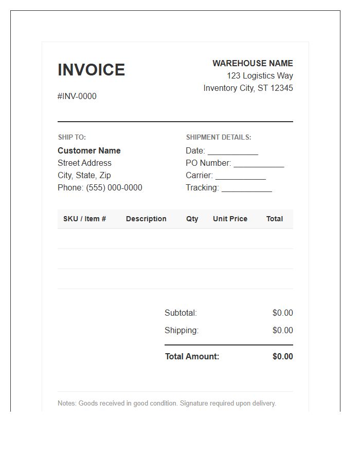 Warehouse Inventory Product Shipment Invoice Template