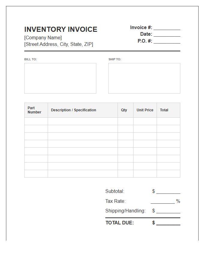 Component Part Inventory Invoice Template