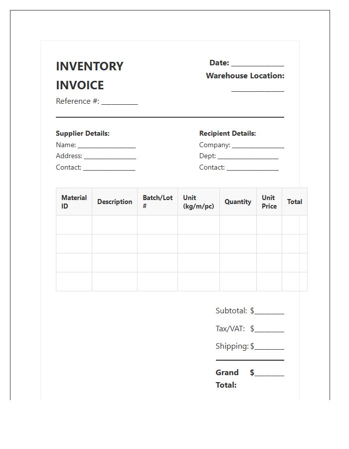 Detailed Raw Material Inventory Invoice Template