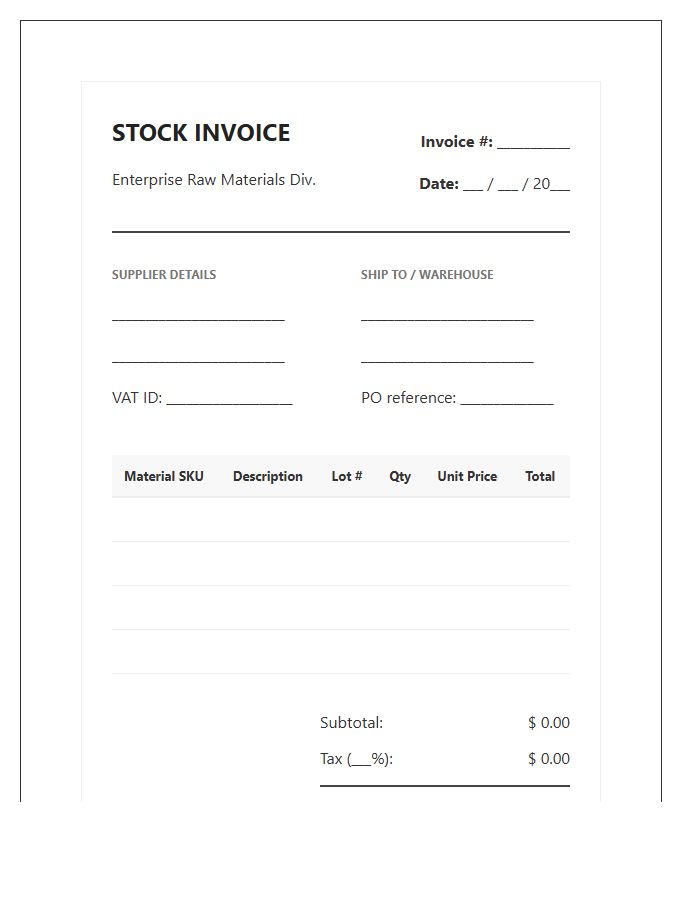 Enterprise Raw Material Stock Invoice Template