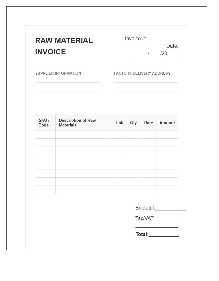 Factory Raw Material Stock Invoice Template