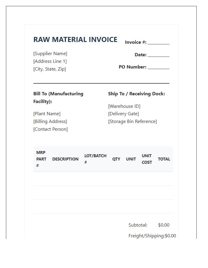 Manufacturing Resource Planning Raw Material Invoice Template
