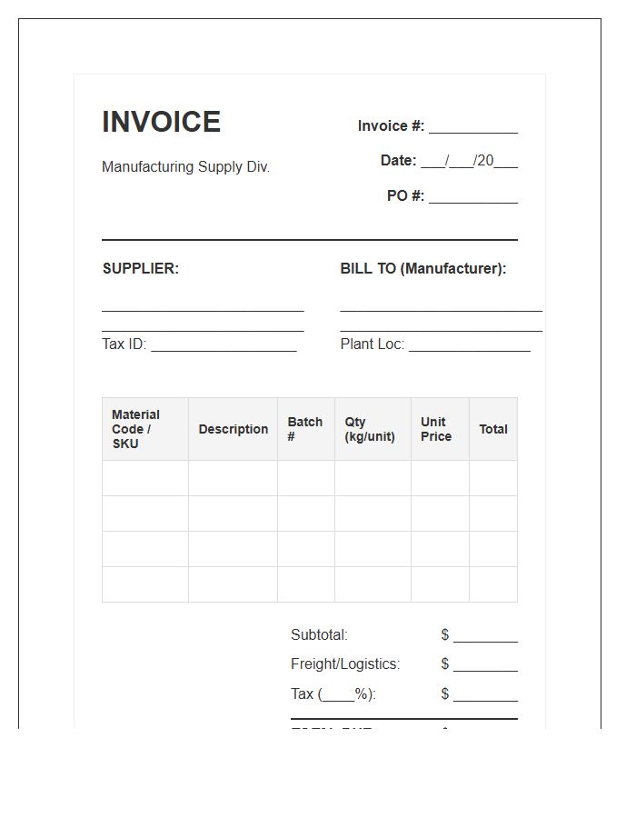 Manufacturing Sector Raw Material Invoice Template