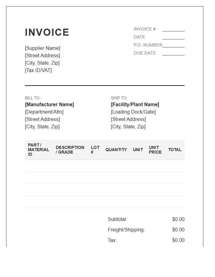 Manufacturing Supply Chain Raw Material Invoice Template