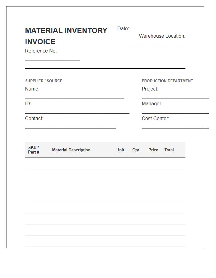 Production Material Inventory Tracking Invoice Template