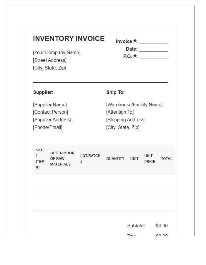 Professional Raw Material Inventory Invoice Template