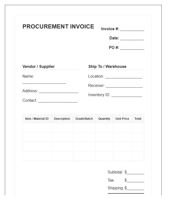 Raw Material Procurement Inventory Invoice Template