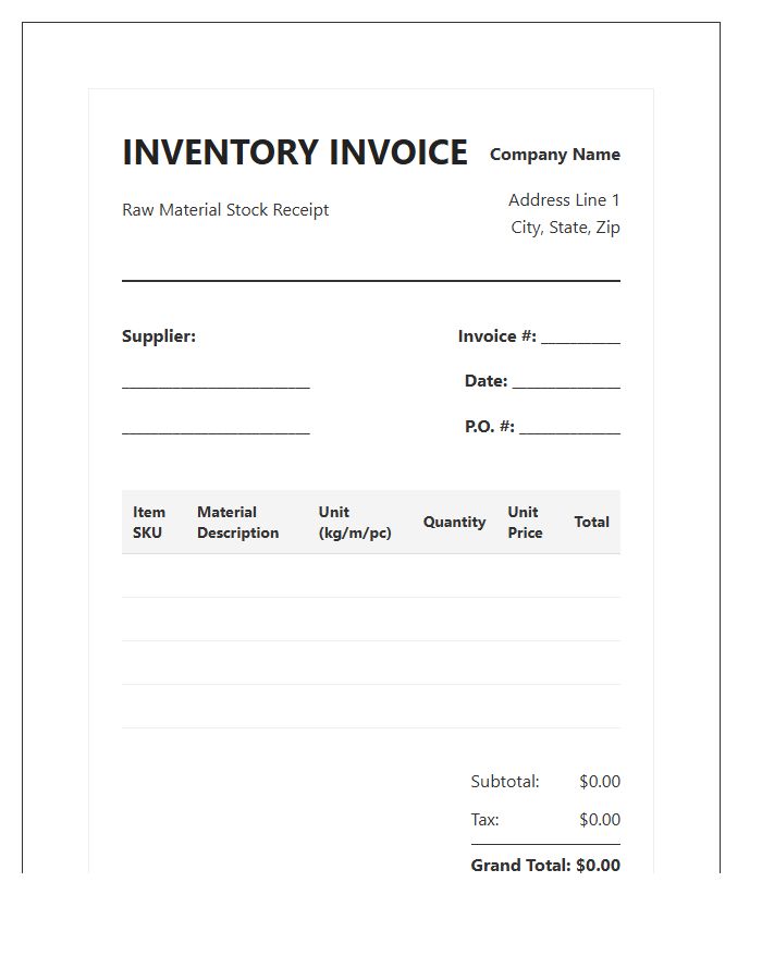 Raw Material Stock Inventory Invoice Template