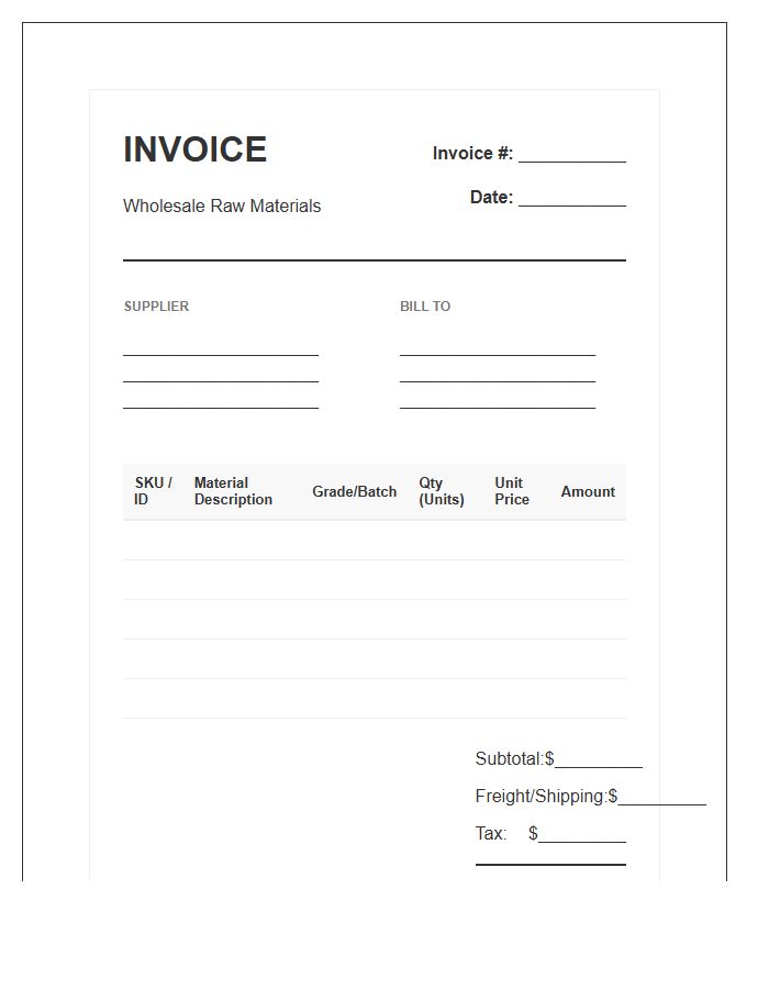 Wholesale Raw Material Inventory Invoice Template