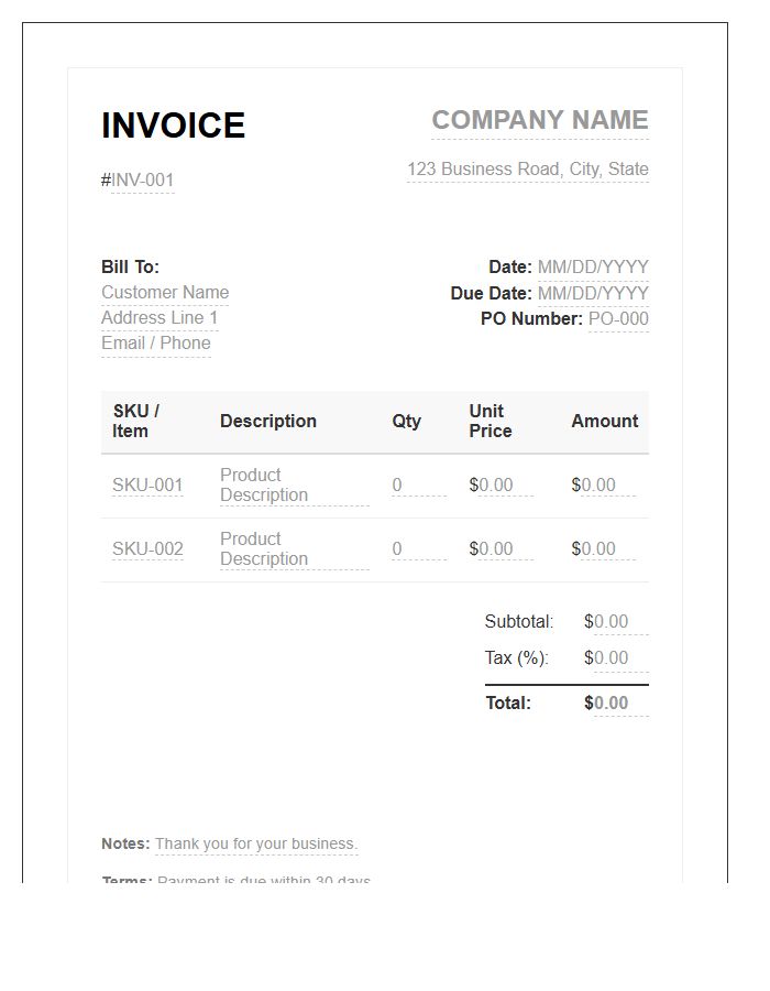 Commercial Inventory Sales Invoice Template