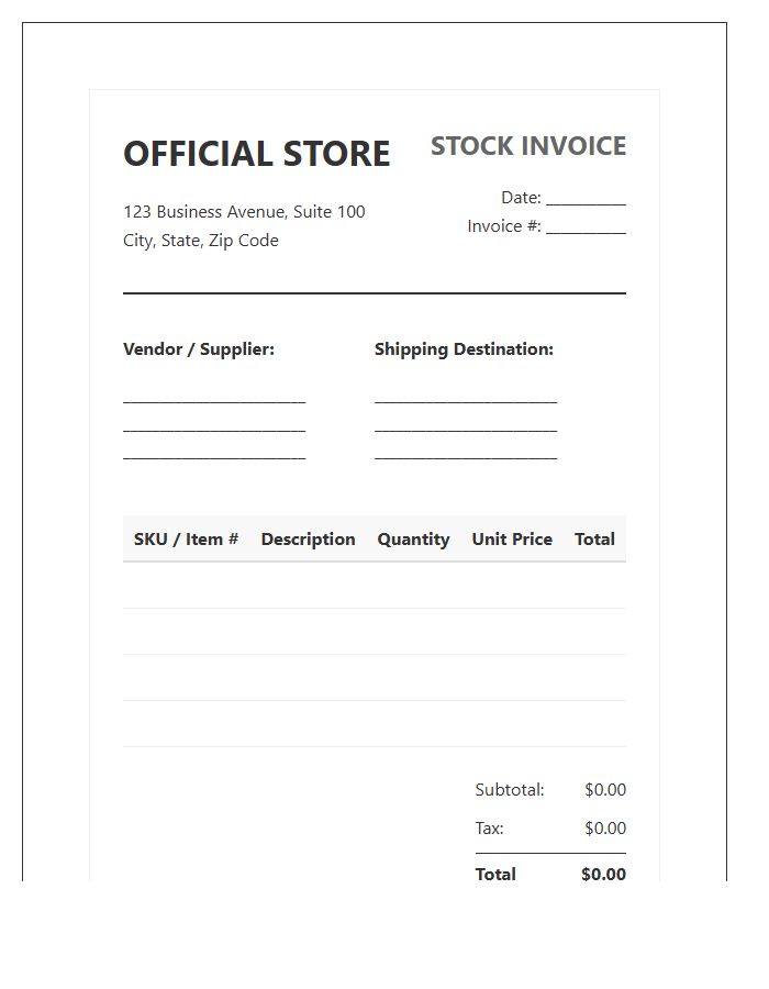 Official Store Stock Invoice Template