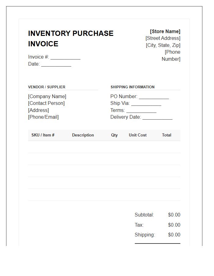 Retail Store Inventory Purchase Invoice Template