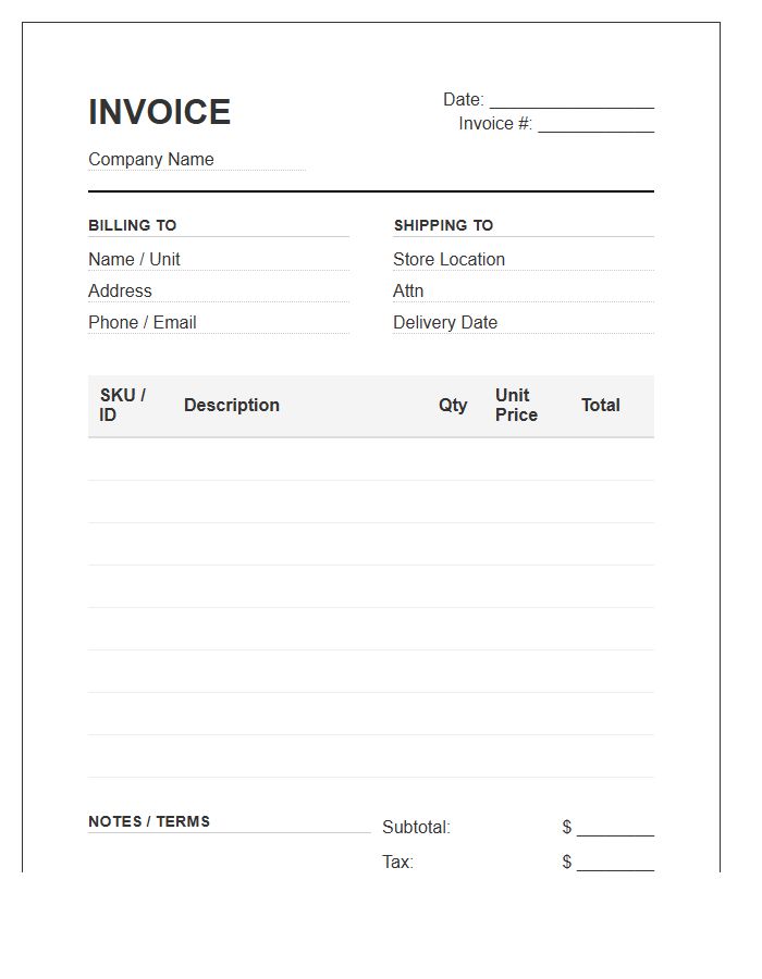 Retail Unit Inventory Invoice Template