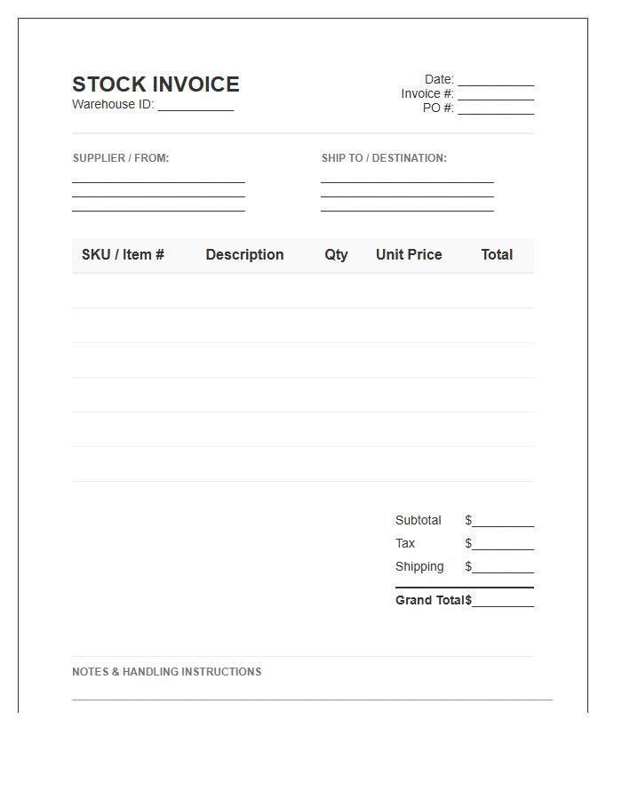Retail Warehouse Stock Invoice Template