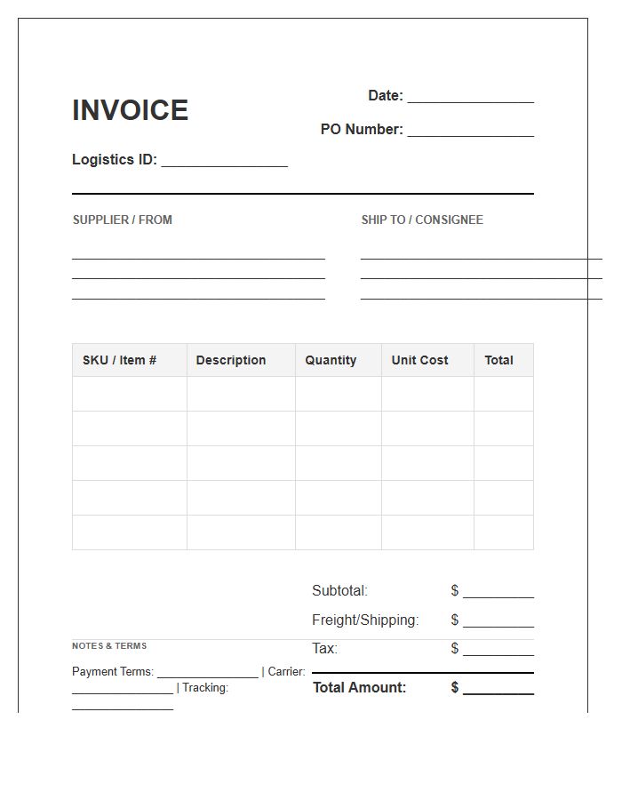 Supply Chain Inventory Invoice Template