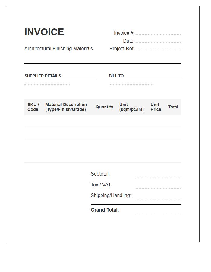 Architectural Finishing Material Inventory Invoice Template