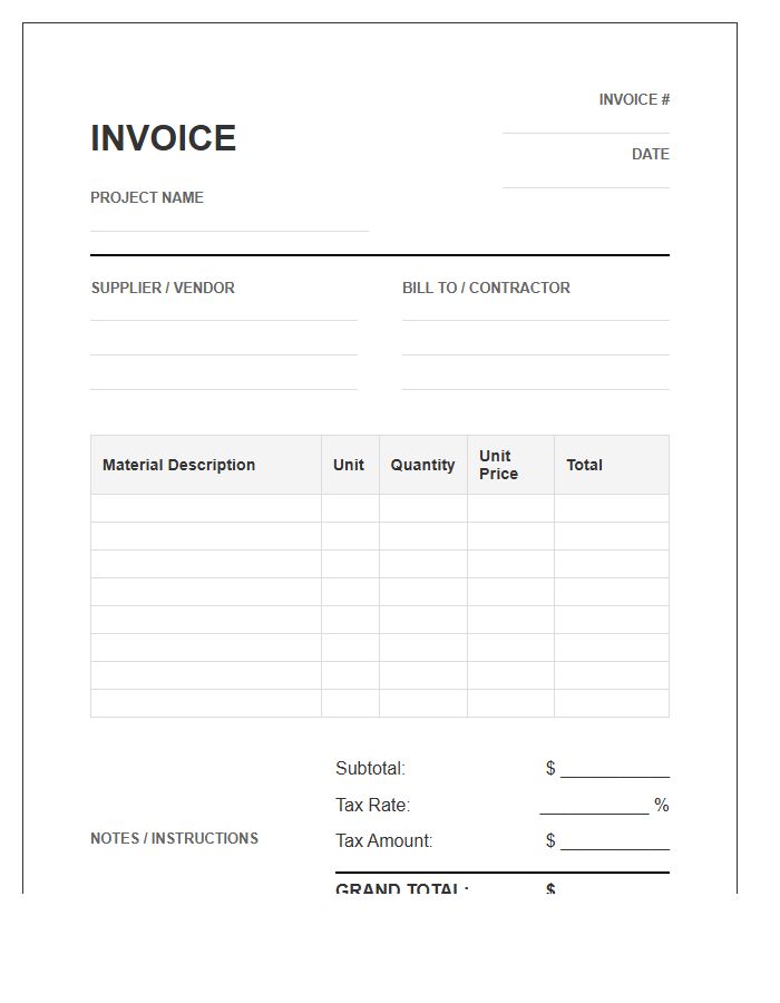 Building Project Material Inventory Invoice Template