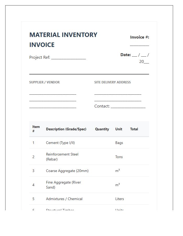 Civil Engineering Material Inventory Invoice Template