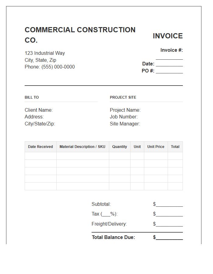 Commercial Construction Material Tracking Invoice Template