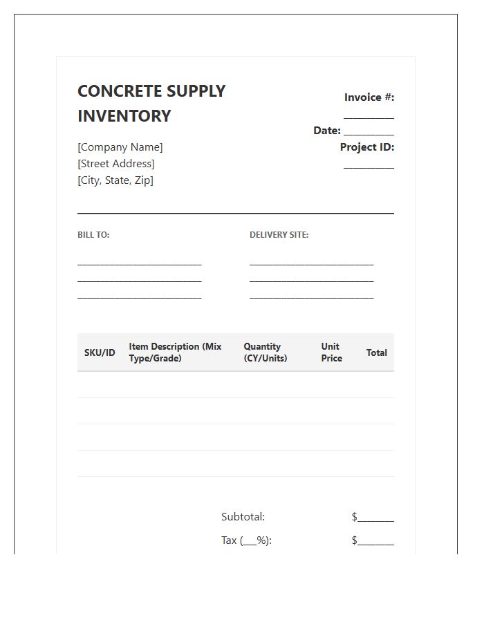 Concrete Supply Inventory Tracking Invoice Template