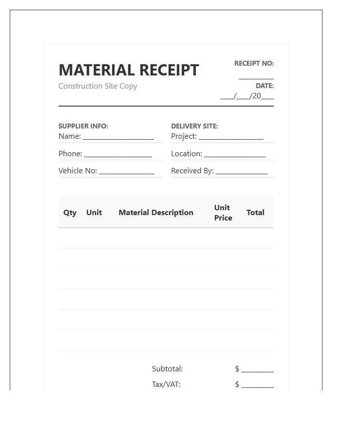 Construction Site Material Receipt Invoice Template