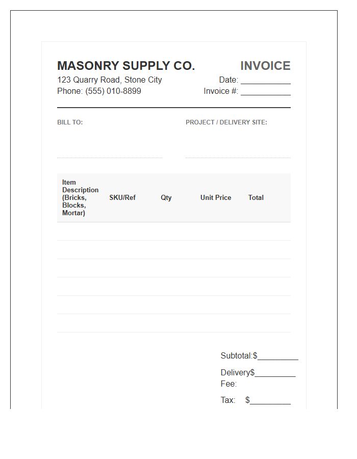 Masonry Supply Inventory Billing Invoice Template