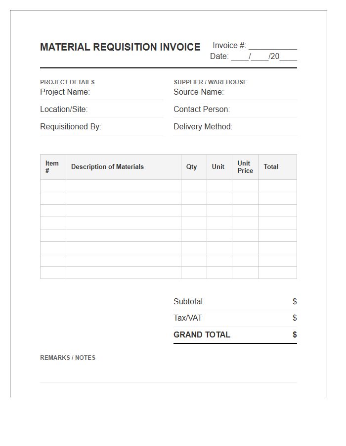 On Site Material Inventory Requisition Invoice Template