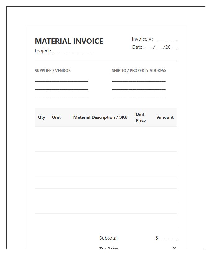 Residential Building Material Inventory Invoice Template