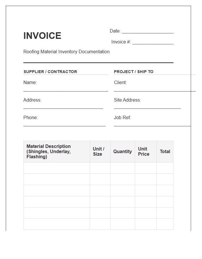 Roofing Material Inventory Documentation Invoice Template