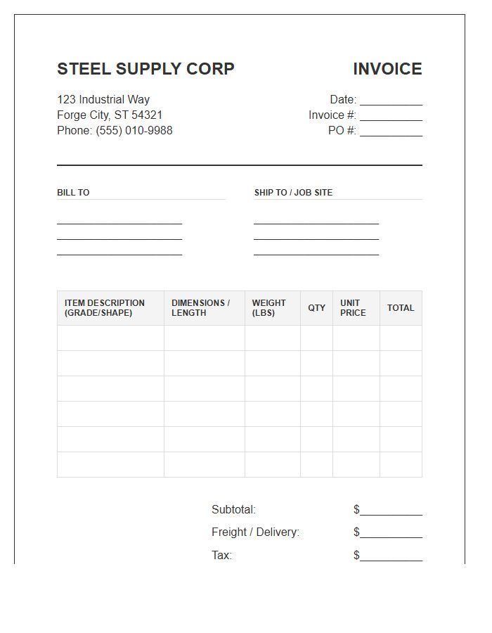 Structural Steel Material Inventory Invoice Template
