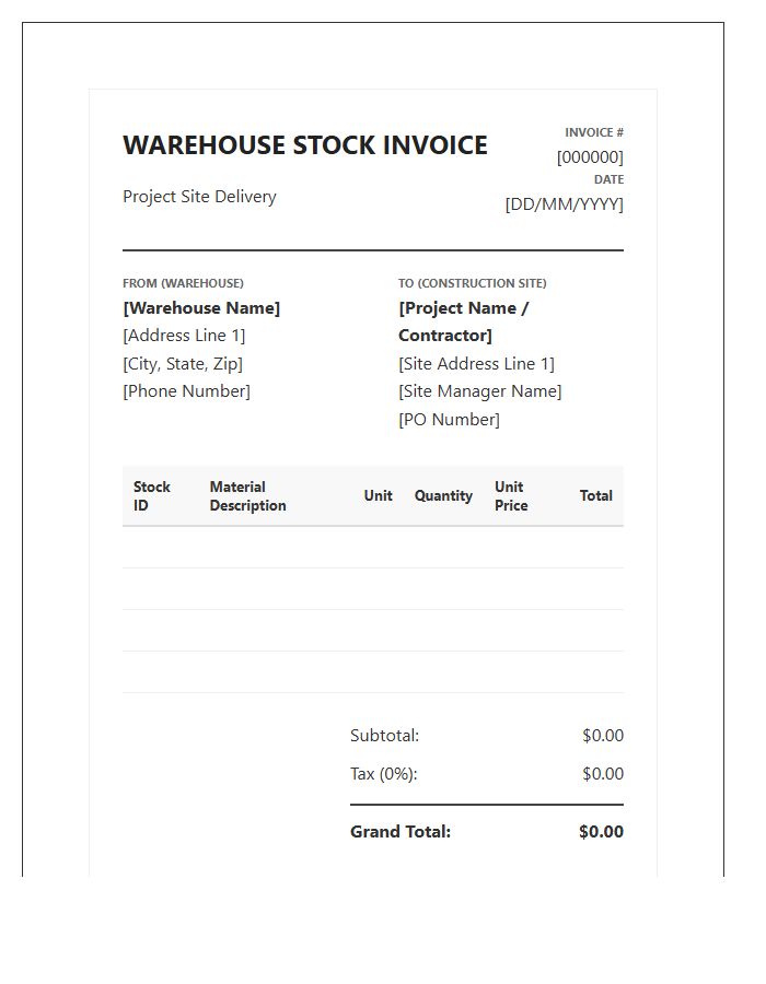Warehouse Construction Stock Invoice Template