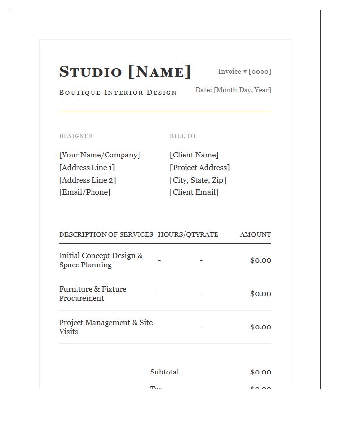Boutique Interior Design Service Invoice Template
