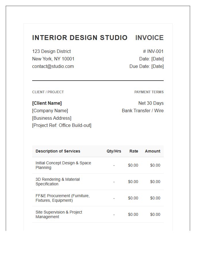 Commercial Interior Design Service Invoice Template